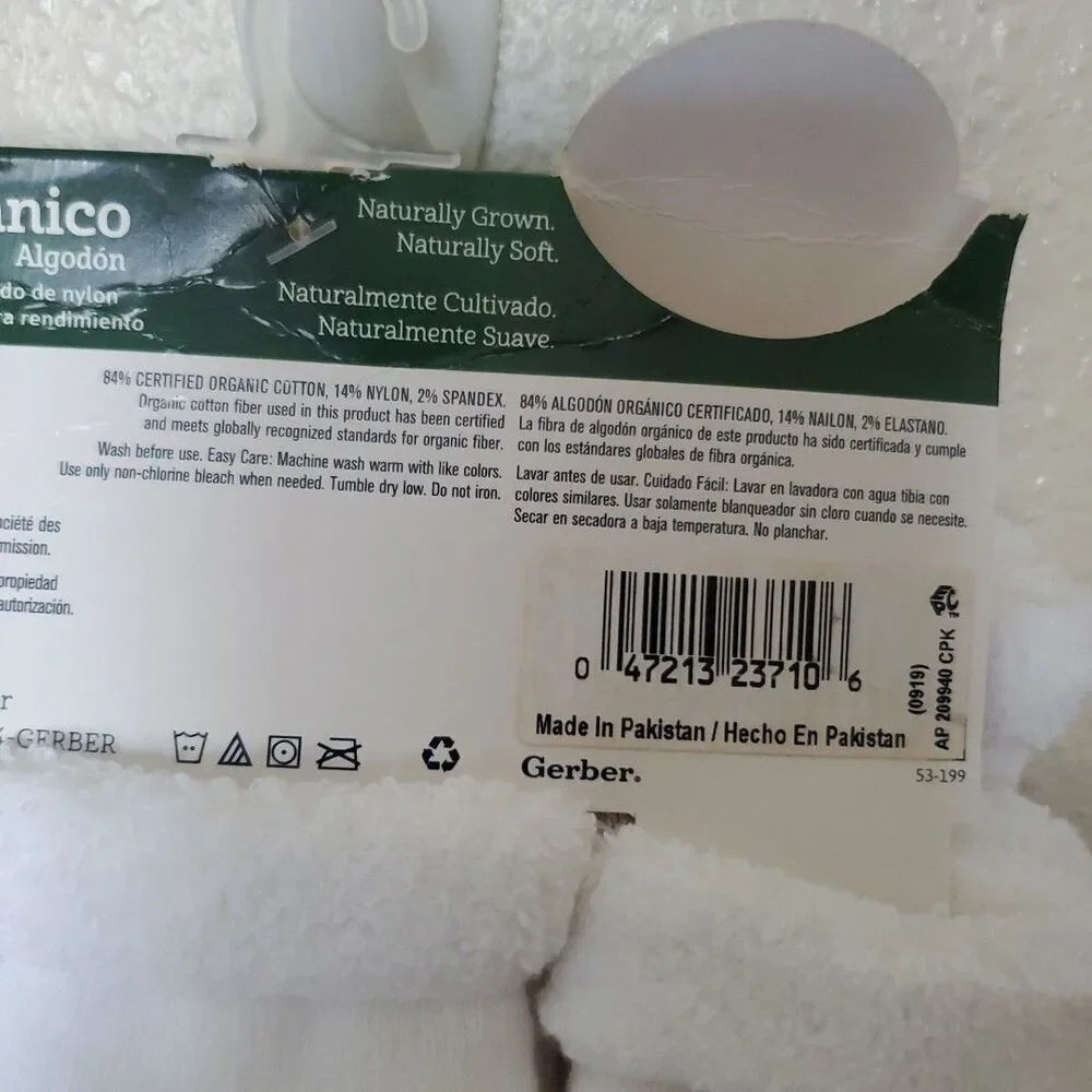 Gerber Baby White Socks Boys & Girls Plush 6 Pack Size 3-6 Months Organic Cotton